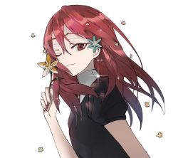 Rule 34 | 1other, androgynous, cinnabar (houseki no kuni), closed mouth, eyebrows, fingernails, flower, from side, gem uniform (houseki no kuni), hair flower, hair ornament, houseki no kuni, long hair, looking at viewer, multicolored hair, nail polish, necktie, one eye closed, other focus, red eyes, red hair, short sleeves, simple background, smile, solo, sparkle, streaked hair, upper body, white background, wink