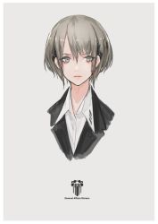 Rule 34 | 1girl, black shirt, close-up, closed mouth, english text, formal, grey background, grey eyes, grey hair, hair between eyes, looking at viewer, neco, portrait, shirt, short hair, simple background, solo, suit