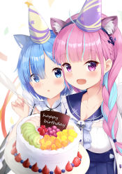 Rule 34 | 2girls, absurdres, ahoge, anchor hair ornament, anchor symbol, animal ear fluff, animal ears, birthday cake, blue bow, blue eyes, blue hair, blue hairband, blue sailor collar, blue skirt, bow, braid, breasts, cake, cat ears, cleavage, commentary request, crossover, eyes visible through hair, food, frilled sailor collar, frills, hair ornament, hair over one eye, hairband, happy birthday, hat, high-waist skirt, highres, hololive, kemonomimi mode, long hair, medium breasts, minato aqua, minato aqua (sailor), multicolored hair, multiple girls, party hat, pink hair, pleated skirt, re:zero kara hajimeru isekai seikatsu, rem (re:zero), sailor collar, shirt, skirt, streaked hair, tilted headwear, twin braids, twintails, two-tone hair, virtual youtuber, white background, white shirt, yimiao