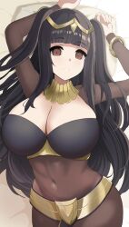 Rule 34 | 1girl, absurdres, bed, bed sheet, black hair, breasts, brown eyes, cleavage, fire emblem, groin, highres, jewelry, large breasts, legs, looking at viewer, lying, navel, nintendo, smile, solo, standing, tharja (fire emblem)