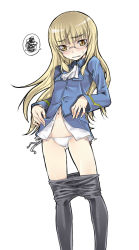 Rule 34 | 00s, 1girl, blonde hair, blush, brown eyes, clothes pull, crotch seam, flat chest, glasses, highres, long hair, panties, pantyhose, pantyhose pull, perrine h. clostermann, satou atsuki, side-tie panties, simple background, solo, strike witches, underwear, uniform, world witches series, yellow eyes