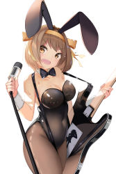 Rule 34 | 1girl, absurdres, animal ears, aze not bald, backlighting, bare shoulders, black bow, black bowtie, black leotard, blush, bow, bowtie, breasts, brown eyes, brown hair, brown pantyhose, cleavage, collarbone, covered navel, cowboy shot, detached collar, fake animal ears, fang, from side, guitar, hair intakes, hairband, head tilt, highres, holding, instrument, large breasts, leotard, looking at viewer, microphone, microphone stand, open mouth, pantyhose, playboy bunny, rabbit ears, reflection, shiny clothes, short hair, sidelocks, simple background, skindentation, smile, solo, strapless, strapless leotard, suzumiya haruhi, suzumiya haruhi no yuuutsu, sweat, sweatdrop, teeth, thick thighs, thighs, tsurime, upper teeth only, white background, wide hips, wrist cuffs, yellow hairband