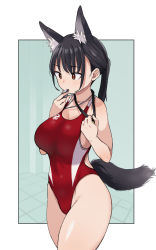 Rule 34 | 1girl, animal ears, black hair, breasts, brown eyes, cleavage, commentary request, competition swimsuit, cowboy shot, dog ears, dog tail, geso smith, highres, holding, holding whistle, large breasts, long hair, one-piece swimsuit, original, ponytail, red one-piece swimsuit, solo, standing, swimsuit, tail, whistle, whistle around neck