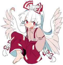 Rule 34 | 1girl, baggy pants, barefoot, beige shirt, blush, bow, collared shirt, foot out of frame, fujiwara no mokou, hair bow, hands in pockets, ini (inunabe00), long hair, long sleeves, open mouth, pants, red eyes, red pants, shirt, simple background, smile, solo, suspenders, touhou, white background, white bow, white hair