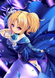 Rule 34 | 1girl, absurdres, asymmetrical sleeves, black choker, blonde hair, blue dress, bracelet, choker, closed mouth, collarbone, dress, hair between eyes, hair intakes, highres, idol, idolmaster, idolmaster cinderella girls, idolmaster cinderella girls starlight stage, jewelry, kiryu tsukasa (idolmaster), long hair, long sleeves, nail polish, petals, purple eyes, purple nails, ring, side ponytail, solo, stage, standing, thighhighs, white thighhighs, yuu sagi