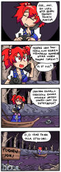 Rule 34 | 1girl, 4koma, antique phone, bare tree, boat, breasts, cleavage, comic, corded phone, dress, finnish text, hair bobbles, hair ornament, large breasts, onozuka komachi, phone, red eyes, red hair, river, rotary phone, setz, sign, skull, solo, standing, touhou, tree, twintails, two side up, watercraft