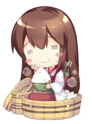 Rule 34 | 10s, 1girl, :t, = =, akagi (kancolle), blush stickers, bowl, brown hair, chopsticks, eating, food, food on face, foodgasm, hand on own cheek, hand on own face, kantai collection, long hair, lowres, muneate, ohitsu, quiver, rei (rei&#039;s room), rice, rice bowl, rice on face, seiza, sitting, smile, solo