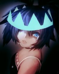 Rule 34 | 1girl, black rock shooter, black rock shooter (character), black rock shooter beast, blue eyes, breasts, choker, commentary, crown, crying, english commentary, fixelcat, from above, glowing, gradient background, hair over one eye, head tilt, looking at viewer, parted lips, short hair, short twintails, small breasts, solo, star (symbol), tank top, twintails, upper body