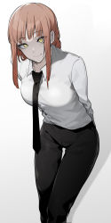 Rule 34 | 1girl, absurdres, black necktie, black pants, blouse, braid, braided ponytail, chainsaw man, collared shirt, eyes visible through hair, feet out of frame, highres, long hair, long sleeves, makima (chainsaw man), necktie, orange hair, pants, ringed eyes, shadow, shirt, smile, solo, st (youx1119), white background, white shirt, yellow eyes