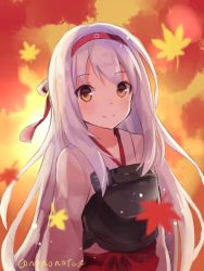 Rule 34 | 10s, 1girl, blush, brown eyes, cowboy shot, hairband, hakama, hakama short skirt, hakama skirt, headband, japanese clothes, kantai collection, leaf, long hair, looking at viewer, maple leaf, muneate, nonono (nononotea), shoukaku (kancolle), silver hair, skirt, smile, solo, twitter username, upper body