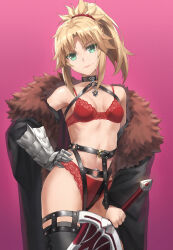 Rule 34 | 1girl, bare shoulders, belt, blonde hair, bra, braid, breasts, coat, collar, fate/apocrypha, fate/grand order, fate (series), french braid, fur collar, gauntlets, gradient background, green eyes, hand on own hip, harness, head tilt, highres, lace, lace-trimmed bra, lace-trimmed panties, lace trim, long hair, looking at viewer, mordred (fate), mordred (fate/apocrypha), navel, panties, parted bangs, pink background, ponytail, sidelocks, small breasts, smile, solo, sword, thigh belt, thigh strap, thighhighs, tonee, underwear, weapon