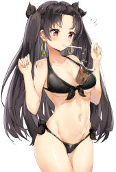 Rule 34 | 1girl, absurdres, bad id, bad pixiv id, bikini, black bikini, black hair, blush, breasts, bubble tea, bubble tea challenge, collarbone, commentary request, drinking straw, earrings, fate/grand order, fate (series), hands up, highres, hoop earrings, ishtar (fate), ishtar (fate), jewelry, large breasts, long hair, mouth hold, natsuichi-sama, navel, red eyes, side-tie bikini bottom, simple background, solo, swimsuit, two side up, white background