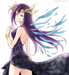 Rule 34 | 1girl, alternate costume, back, bad id, bad pixiv id, bangle, bare shoulders, bracelet, chisa, dated, dress, energy wings, floral print, gender request, genderswap, green eyes, halterneck, headpiece, jewelry, light particles, light smile, loki (p&amp;d), long hair, looking back, lots of jewelry, purple dress, purple hair, puzzle &amp; dragons, simple background, sleeveless, sleeveless dress, solo, twitter username, very long hair, white background, wings
