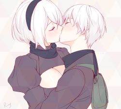 Rule 34 | 1boy, 1girl, aki663, black gloves, blindfold, blush, breasts, cleavage, cleavage cutout, clothing cutout, couple, closed eyes, gloves, hetero, highres, kiss, large breasts, nier (series), nier:automata, short hair, turtleneck, white hair, 2b (nier:automata), 9s (nier:automata)