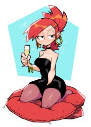 Rule 34 | 1girl, absurdres, bare shoulders, between legs, black choker, black dress, black eyes, blush, bracelet, breasts, brown pantyhose, champagne flute, choker, cleavage, closed mouth, cup, dress, drinking glass, drunk, earrings, folded ponytail, foster&#039;s home for imaginary friends, frankie foster, full body, hair ornament, hairclip, hand between legs, highres, holding, holding cup, hoop earrings, jaggy lines, jewelry, jitome, looking at viewer, medium breasts, medium hair, on pillow, pantyhose, rariatto (ganguri), sitting, solo, squeans, strapless, strapless dress, wariza