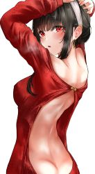 Rule 34 | 1girl, absurdres, arms up, back, back focus, backless outfit, black hair, breasts, breath, dress, earrings, from behind, gold earrings, hairband, highres, jewelry, lds (dstwins97), long hair, looking at viewer, looking back, medium breasts, no panties, parted lips, red eyes, short hair with long locks, sidelocks, simple background, solo, spy x family, sweater, sweater dress, white background, white hairband, yor briar