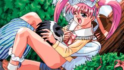 Rule 34 | 1boy, 1girl, 4bpp, ass, blush, bottomless, cunnilingus, forced, game cg, hair ribbon, hand on another&#039;s head, hetero, only you, oral, panties, panties around leg, pc98, pink hair, rape, retro artstyle, ribbon, screaming, tears, tendou raimu, tree, twintails, underwear, wince