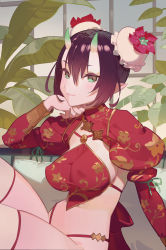 Rule 34 | 1girl, arm support, black hair, breasts, bun cover, chinese clothes, closed mouth, covered erect nipples, demon girl, double bun, dudou, floral print, flower, green eyes, hair between eyes, hair bun, hand on own cheek, hand on own face, hand up, head rest, highres, horns, juliet sleeves, leaf, long sleeves, looking at viewer, medium breasts, oni, original, panties, plant, pointy ears, puffy long sleeves, puffy sleeves, red flower, revealing clothes, short hair, shrug (clothing), sidelocks, sitting, skin-covered horns, smile, solo, stomach, thighhighs, underwear