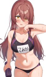 1girl, absurdres, bangs, bare shoulders, black sports bra, blush, bottle, breasts, brown hair, character name, character print, cleavage, collarbone, commentary, cowboy shot, debi tarou, dot nose, furrowed brow, gluteal fold, hair between eyes, heavy breathing, highres, holding, holding bottle, idolmaster, idolmaster shiny colors, long hair, looking at viewer, medium breasts, navel, osaki tenka, open mouth, raised eyebrow, shiny, shiny hair, simple background, skindentation, solo, sports bra, sweat, thigh gap, thighs, translated, wanimaru, white background, yellow eyes