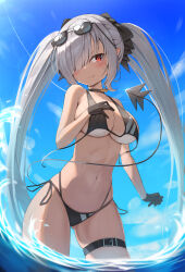 Rule 34 | 1girl, absurdres, alternate breast size, bikini, black bikini, black choker, black gloves, blue archive, blue sky, blush, breasts, choker, cloud, commentary, cowboy shot, dark-skinned female, dark skin, day, demon tail, embarrassed, eyewear on head, gloves, gluteal fold, grey hair, hair over one eye, hair ribbon, halo, highres, iori (blue archive), iori (swimsuit) (blue archive), korean commentary, large breasts, long hair, looking at viewer, multi-strapped bikini bottom, navel, official alternate costume, outdoors, parted lips, pointy ears, red eyes, revision, ribbon, side-tie bikini bottom, sky, solo, stomach, sunglasses, swimsuit, tail, thigh strap, thighs, three twosix, twintails, untied bikini, very long hair, wading, wardrobe malfunction, water