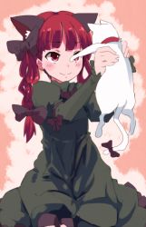 Rule 34 | 1girl, akihikohex, animal, animal ears, bow, braid, cat, cat ears, cat tail, dress, extra ears, green dress, hair bow, holding, holding animal, holding cat, kaenbyou rin, looking at animal, multiple tails, red eyes, red hair, smile, solo, tail, touhou, twin braids