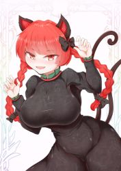 Rule 34 | 1girl, :d, animal ears, bell, bow, braid, breasts, cat ears, cat tail, claw pose, dollyspica, dress, hair bow, kaenbyou rin, large breasts, long hair, long sleeves, looking at viewer, multiple tails, nekomata, open mouth, red eyes, red hair, smile, solo, tail, touhou, twin braids