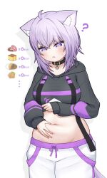 Rule 34 | 1girl, ahoge, animal ears, belly, belly grab, black hoodie, blush, cat ears, cat girl, cat tail, choker, clothes lift, curry, doughnut, drawstring, food, hand on own stomach, highres, hololive, hood, hoodie, hoodie lift, looking down, medium hair, mochigomemcmc, navel, nekomata okayu, nekomata okayu (1st costume), pants, parted lips, purple eyes, purple hair, simple background, solo, stomach, sweatpants, tail, virtual youtuber, weight conscious, white background