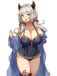 Rule 34 | 1girl, bare shoulders, black panties, blush, breasts, brown eyes, camieux, camisole, cleavage, collarbone, cowboy shot, dynamite, explosive, granblue fantasy, hair ornament, hair scrunchie, highres, horns, houtengeki, large breasts, long hair, looking at viewer, low twintails, open mouth, panties, scrunchie, silver hair, simple background, solo, thighs, twintails, underwear, white background