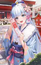 Rule 34 | 1girl, :d, architecture, ayaka (genshin impact), black bow, blue eyes, blue hair, blue kimono, blunt bangs, blunt tresses, blurry, bow, day, depth of field, east asian architecture, floral print, flower knot, fur-trimmed kimono, fur trim, furisode, genshin impact, hair bow, hair ribbon, hands up, hatsumoude, high ponytail, highres, holding, japanese clothes, kimono, light blue hair, long hair, long sleeves, looking at viewer, new year, obi, omikuji, open mouth, outdoors, pink ribbon, prana (prana12), print kimono, ribbon, sash, shrine, smile, snow, solo, tassel, translation request, tress ribbon, very long hair, wide sleeves