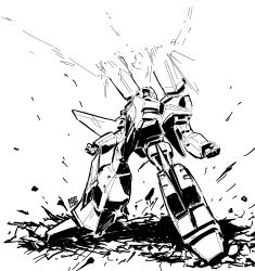 Rule 34 | absurdres, clenched hands, decepticon, firing, greyscale, ground shatter, highres, looking up, mechanical wings, monochrome, nasutetsu, no humans, scene reference, shoulder cannon, sketch, spoilers, starscream, transformers, transformers armada, transformers unicron trilogy, white background, wings