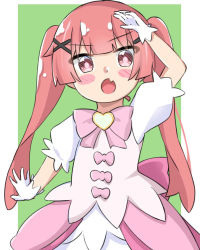 Rule 34 | 1girl, :o, arm up, blush stickers, bow, commentary request, dress, fang, gloves, green background, heart, highres, kapuru 0410, long hair, looking at viewer, open mouth, pink bow, pink eyes, pink hair, puffy short sleeves, puffy sleeves, short sleeves, solo, tanemura koyori, twintails, two-tone background, very long hair, watashi ni tenshi ga maiorita!, white background, white dress, white gloves