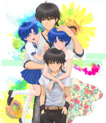 Rule 34 | 2boys, 2girls, aged up, black hair, blue hair, braid, brother and sister, casual, couple, father and daughter, father and son, height difference, hetero, husband and wife, if they mated, jewelry, mother and daughter, mother and son, multiple boys, multiple girls, ponytail, ranma 1/2, ring, saotome ranma, school uniform, serafuku, short hair, short sleeves, siblings, single braid, tendou akane, uzuki saku, wedding band