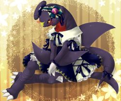 Rule 34 | 1girl, black sclera, blue dress, blue ribbon, blush, bow, brown background, claws, collarbone, colored sclera, creatures (company), crossed legs, dragon, dress, feet, frilled dress, frills, full body, game freak, garchomp, gen 4 pokemon, kakiikada, looking at viewer, nintendo, no humans, orange eyes, own hands together, pokemon, pokemon (creature), pokemon dppt, puffy sleeves, ribbon, shiny skin, short sleeves, sitting, solo, tail, yellow background