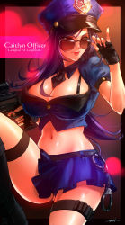 Rule 34 | 1girl, arm up, bandolier, belt, belt skirt, black border, black footwear, black necktie, blue hat, blue skirt, boots, border, breasts, buttons, caitlyn (league of legends), cleavage, collared shirt, cuffs, fingerless gloves, glasses, gloves, gun, handcuffs, hat, highres, holding, holding weapon, huge breasts, impossible clothes, impossible shirt, league of legends, lips, long hair, looking at viewer, necktie, non (nonzile), officer caitlyn, open clothes, open shirt, panties, pantyshot, police, police badge, police hat, police uniform, policewoman, revision, rifle, scope, seductive smile, shirt, signature, skirt, smile, smirk, solo, sunglasses, thigh strap, underwear, uniform, upskirt, weapon, writing