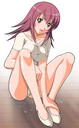 Rule 34 | 00s, 1girl, :d, blush, breasts, brown eyes, cameltoe, covered erect nipples, highres, impossible clothes, kaleido star, large breasts, legs, leotard, little cheat-ya, long hair, naegino sora, on floor, onda takeshi, open mouth, purple hair, see-through, shirt, shoes, sitting, smile, solo, spread legs, sweat, taut clothes, taut shirt, wet, wet clothes, wet shirt