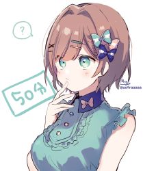 Rule 34 | 1girl, ?, absurdres, bare shoulders, blue bow, bow, braid, breasts, brown bow, brown hair, closed mouth, collared shirt, commentary request, green bow, green eyes, green shirt, hair bow, hair ornament, hairclip, hand up, highres, looking away, medium breasts, nijisanji, one-hour drawing challenge, shirt, short hair, signature, simple background, sleeveless, sleeveless shirt, sofra, solo, spoken question mark, striped, striped bow, suzuhara lulu, translation request, twitter username, upper body, virtual youtuber, white background, x hair ornament