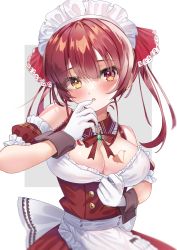 Rule 34 | 1girl, blush, breasts, cleavage, cowboy shot, hair ribbon, heart, heart tattoo, heterochromia, highres, hololive, hololive fantasy, houshou marine, large breasts, looking at viewer, maid, maid headdress, medium hair, open mouth, red eyes, red hair, red ribbon, ribbon, simple background, solo, standing, tattoo, twintails, virtual youtuber, white background, yellow eyes, yoshidadon