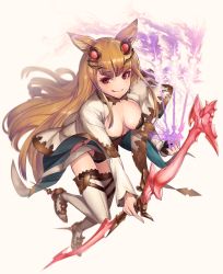 Rule 34 | 10s, 1girl, animal ears, arrow (projectile), bazooka oiran, between fingers, black gloves, bow (weapon), breasts, brown hair, cleavage, coat, erune, eyebrows, eyelashes, fingerless gloves, from above, full body, gloves, granblue fantasy, hair ornament, highres, holding, holding weapon, leotard, licking lips, long hair, long sleeves, looking at viewer, medium breasts, metera (granblue fantasy), mole, mole under mouth, outstretched arm, red eyes, sidelocks, simple background, smile, smoke, solo, thigh strap, thighhighs, tongue, tongue out, very long hair, weapon, white background, white thighhighs