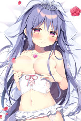 Rule 34 | 1girl, bed sheet, blush, breast lift, breasts, censored, closed mouth, collarbone, commentary request, dakimakura (medium), flower, garter belt, heart pendant, long hair, looking at viewer, lying, medium breasts, navel, on back, original, pan (mimi), petals, pink eyes, purple hair, red flower, red rose, rose, see-through, smile, solo, tiara, underbust, upper body, veil, very long hair