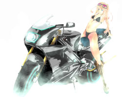 Rule 34 | 1girl, bad id, bad pixiv id, bikini, blonde hair, boots, female focus, front-tie top, goggles, haz first music, highres, leaning back, long hair, motor vehicle, motorcycle, solo, swimsuit, vehicle, white background