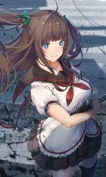 Rule 34 | .live, 1girl, belt, black thighhighs, blue eyes, blush, bow, brown hair, commentary, day, green bow, hair bow, highres, kakyouin chieri, katana, long hair, looking at viewer, looking up, outdoors, sailor collar, school uniform, serafuku, shadow, smile, solo, sword, symbol-shaped pupils, thighhighs, virtual youtuber, weapon, yu ni t