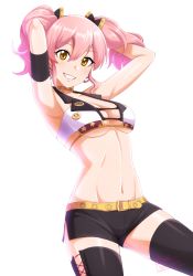 Rule 34 | 1girl, absurdres, arm strap, armpits, arms up, black bow, black shorts, black thighhighs, bow, breasts, cleavage, collarbone, cowboy shot, grin, groin, hair between eyes, hair bow, hands in hair, highres, hirose geronimo, idolmaster, idolmaster cinderella girls, jougasaki mika, long hair, looking at viewer, medium breasts, midriff, navel, pink hair, short shorts, shorts, side slit, simple background, smile, solo, standing, stomach, thighhighs, twintails, underboob, white background, yellow eyes, zettai ryouiki