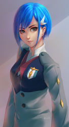Rule 34 | 1girl, absurdres, blue hair, breasts, darling in the franxx, gio tengco, green eyes, grey background, grey jacket, hair behind ear, hair ornament, hairclip, highres, ichigo (darling in the franxx), jacket, looking up, parted lips, short hair, small breasts, solo, uniform, upper body