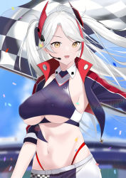Rule 34 | 1girl, absurdres, azur lane, blurry, blurry background, breasts, checkered flag, confetti, cropped shirt, cross, flag, headgear, headset, highres, iron cross, jacket, large breasts, looking at viewer, microphone, midriff, multicolored hair, navel, official alternate costume, open clothes, open jacket, outdoors, oxygen mask (oxygenmask233), panty straps, prinz eugen (azur lane), prinz eugen (final lap) (azur lane), purple jacket, race queen, racetrack, red hair, solo, standing, streaked hair, two-tone hair, underboob, upper body, white hair, yellow eyes