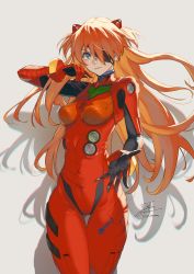 Rule 34 | 1girl, blue eyes, bodysuit, breasts, closed mouth, evangelion: 3.0 you can (not) redo, eyepatch, fadingz, grey background, highres, lips, long hair, looking at viewer, medium breasts, multicolored bodysuit, multicolored clothes, neon genesis evangelion, orange hair, plugsuit, rebuild of evangelion, red bodysuit, silhouette, simple background, solo, souryuu asuka langley, very long hair, wide hips