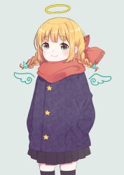 Rule 34 | 1girl, absurdres, black skirt, black thighhighs, blonde hair, blue coat, braid, brown eyes, brown scarf, closed mouth, coat, commentary request, cowboy shot, grey background, halo, hands in pockets, highres, hiroshi (jasinloki), long hair, long sleeves, looking at viewer, low twintails, original, pleated skirt, scarf, simple background, skindentation, skirt, smile, solo, star (symbol), thighhighs, twin braids, twintails