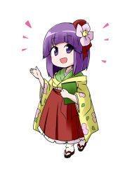 Rule 34 | 1girl, blunt bangs, bob cut, book, chibi, commentary request, flower, frilled skirt, frills, full body, green kimono, hair flower, hair ornament, happy, hieda no akyuu, holding, holding book, japanese clothes, kimono, kousei (public planet), long sleeves, open mouth, purple eyes, purple hair, red skirt, sandals, simple background, skirt, socks, touhou, white background, white socks, wide sleeves, yellow kimono, zouri