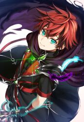 Rule 34 | 1boy, absurdres, black coat, blue eyes, cloak, coat, feathers, gloves, highres, holding, holding sword, holding weapon, jewelry, kosodoro, protagonist (shironeko project), red hair, shironeko project, sword, weapon, white background