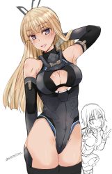 Rule 34 | 2girls, abenattou, alice gear aegis, araime yasuri, arm behind back, arm behind head, black footwear, black gloves, black leotard, blonde hair, blunt bangs, boots, breasts, brown eyes, cleavage cutout, closed mouth, clothing cutout, commentary request, double v, elbow gloves, gloves, hand in own hair, head tilt, heattech leotard, highleg, highleg leotard, kaneshiya sitara, leaning forward, leotard, long hair, looking at viewer, medium breasts, multiple girls, open mouth, partially colored, peeking out, short hair, simple background, sleeveless, smile, standing, thigh boots, thighhighs, turtleneck, twitter username, v, white background
