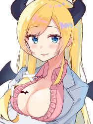 Rule 34 | 1girl, bandages, bat tattoo, blonde hair, blouse, blue eyes, blush, blush stickers, breast tattoo, breasts, chest tattoo, cleavage, coat, commentary, demon horns, demon wings, highres, hololive, horns, lab coat, large breasts, long hair, looking at viewer, open clothes, open shirt, parted bangs, parted lips, pink shirt, shirt, simple background, smile, solo, straight hair, tattoo, tsumayouji (tumayog), upper body, virtual youtuber, white background, white coat, wing collar, wings, yuzuki choco, yuzuki choco (1st costume)